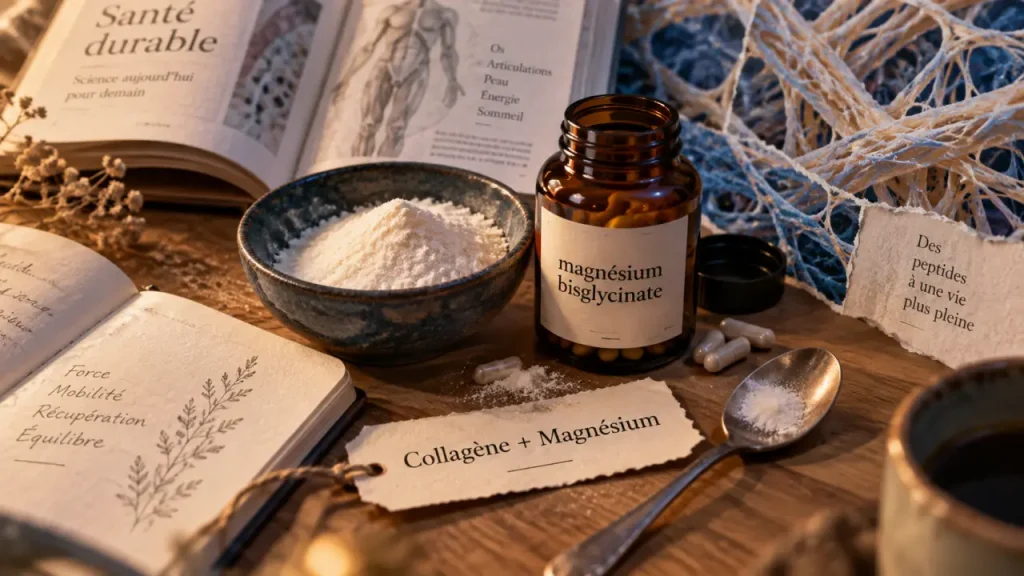 Collagène magnésium en poudre et flacon : peau, articulations, fatigue